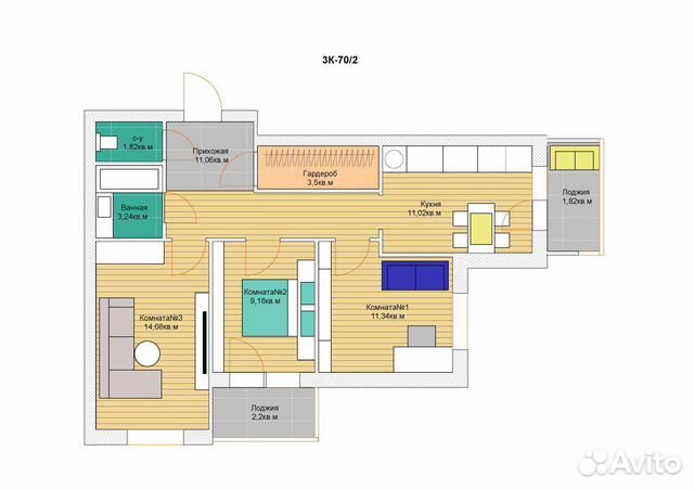 3-к квартира, 69.7 м², 3/16 эт. 3-к квартира, 69.7 м², 3/16 эт.