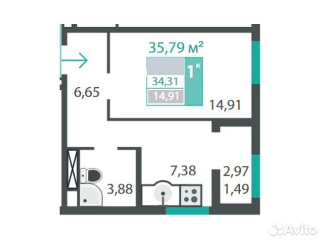 1-к квартира, 35.8 м², 7/16 эт.