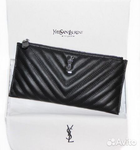 Кожаный женский кошелек на молнии YSL Black