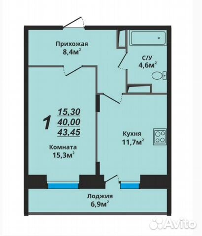 1-к квартира, 43.5 м², 18/19 эт. 1-к квартира, 43.5 м², 18/19 эт.