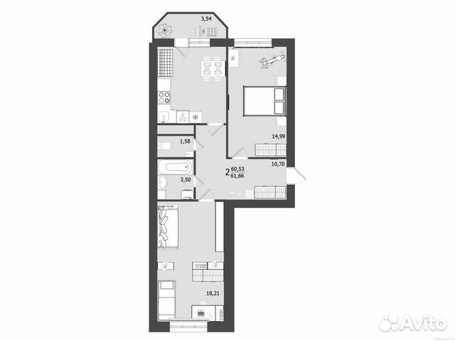 2-к квартира, 61.7 м², 4/9 эт.