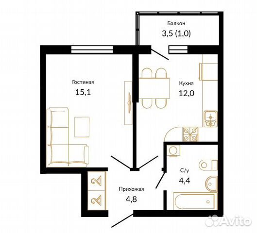 1-к квартира, 37.3 м², 19/21 эт. 1-к квартира, 37.3 м², 19/21 эт.