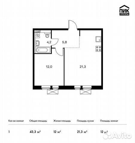 1-к квартира, 43.3 м², 3/15 эт. 1-к квартира, 43.3 м², 3/15 эт.