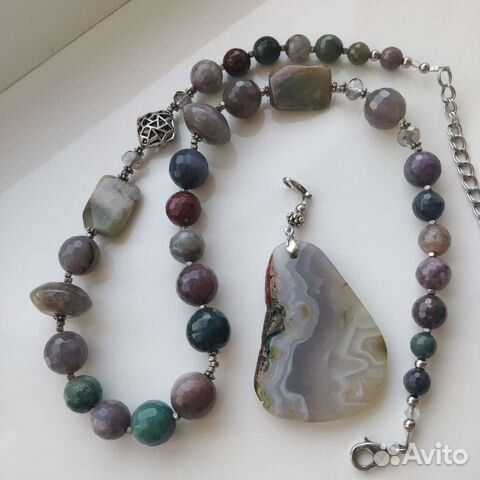 Бусы из яшмы + кулон агат натуральный камень