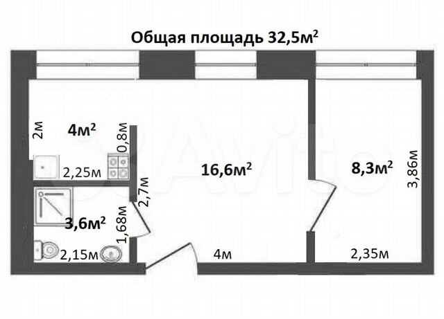 2-к. квартира, 32,5 м², 4/5 эт.