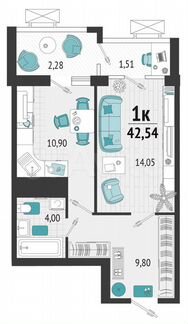 1-к. квартира, 42,5 м², 5/21 эт.