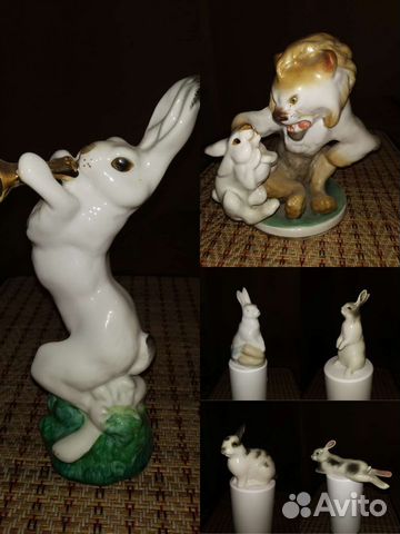 Зайцы и лев Статуэтка Фарфор СССР