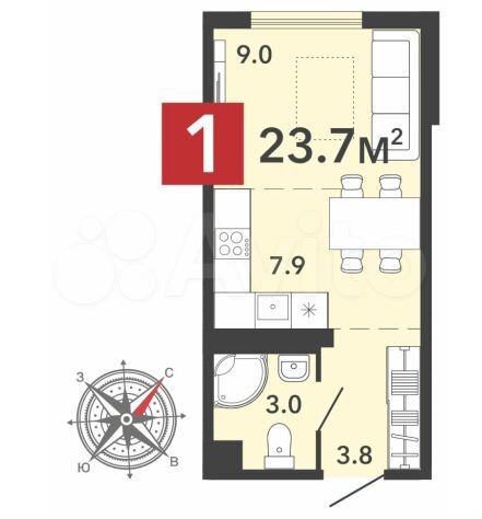 Квартира-студия, 23,7 м², 8/12 эт.