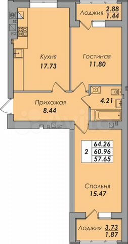 2-к. квартира, 64,3 м², 2/8 эт.
