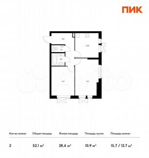2-к квартира, 52.1 м², 3/32 эт.